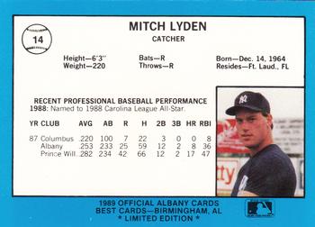 1989 Best Albany-Colonie Yankees - Platinum #14 Mitch Lyden Back
