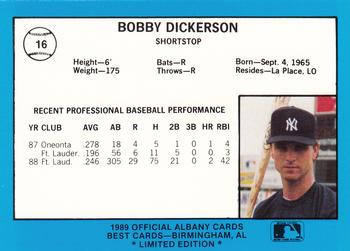 1989 Best Albany-Colonie Yankees - Platinum #16 Bobby Dickerson Back
