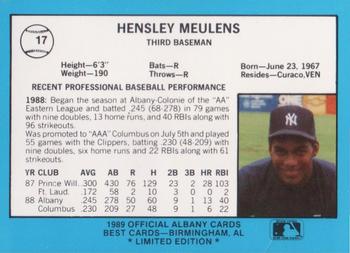 1989 Best Albany-Colonie Yankees - Platinum #17 Hensley Meulens Back