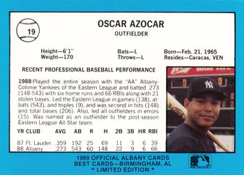 1989 Best Albany-Colonie Yankees - Platinum #19 Oscar Azocar Back