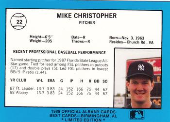 1989 Best Albany-Colonie Yankees - Platinum #22 Mike Christopher Back