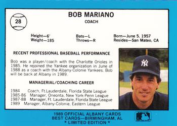 1989 Best Albany-Colonie Yankees - Platinum #28 Bob Mariano Back