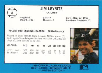 1989 Best Albany-Colonie Yankees - Platinum #2 Jim Leyritz Back
