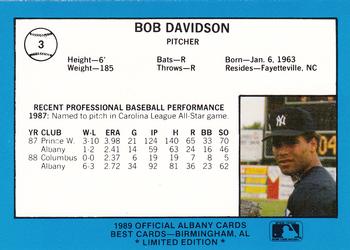 1989 Best Albany-Colonie Yankees - Platinum #3 Bobby Davidson Back