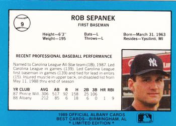 1989 Best Albany-Colonie Yankees - Platinum #9 Rob Sepanek Back