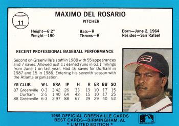 1989 Best Greenville Braves - Platinum #11 Maximo Del Rosario Back