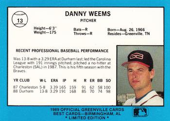 1989 Best Greenville Braves - Platinum #13 Danny Weems Back