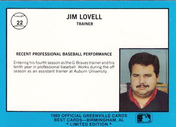 1989 Best Greenville Braves - Platinum #22 Jim Lovell Back