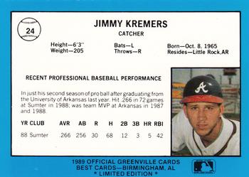 1989 Best Greenville Braves - Platinum #24 Jimmy Kremers Back