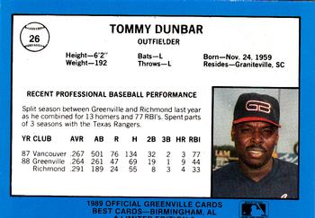 1989 Best Greenville Braves - Platinum #26 Tommy Dunbar Back