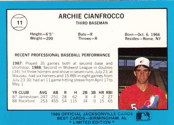 1989 Best Jacksonville Expos - Platinum #11 Archi Cianfrocco Back