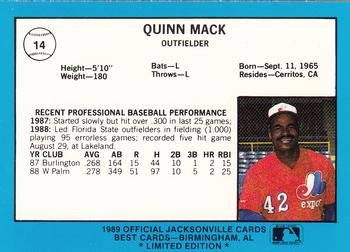 1989 Best Jacksonville Expos - Platinum #14 Quinn Mack Back