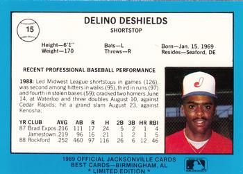 1989 Best Jacksonville Expos - Platinum #15 Delino DeShields Back