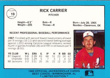 1989 Best Jacksonville Expos - Platinum #19 Rick Carriger Back
