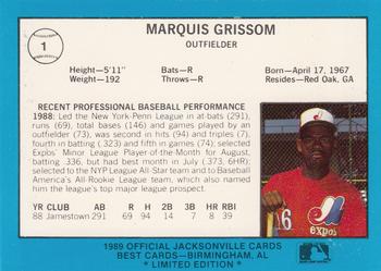 1989 Best Jacksonville Expos - Platinum #1 Marquis Grissom Back