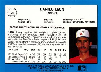 1989 Best Jacksonville Expos - Platinum #21 Danilo Leon Back