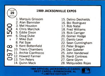 1989 Best Jacksonville Expos - Platinum #29 Team Photo / Checklist Back