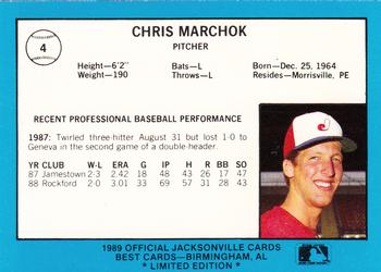 1989 Best Jacksonville Expos - Platinum #4 Chris Marchok Back