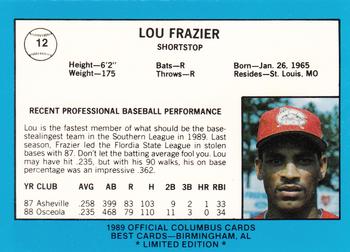 1989 Best Columbus Mudcats - Platinum #12 Lou Frazier Back