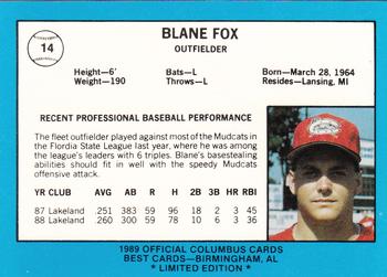 1989 Best Columbus Mudcats - Platinum #14 Blane Fox Back
