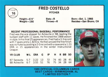 1989 Best Columbus Mudcats - Platinum #16 Fred Costello Back