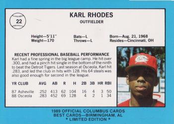 1989 Best Columbus Mudcats - Platinum #22 Karl Rhodes Back