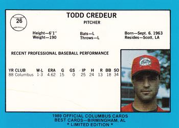 1989 Best Columbus Mudcats - Platinum #26 Todd Credeur Back