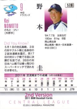 2011 BBM #579 Kei Nomoto Back