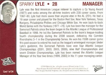 2009 MultiAd Somerset Patriots #1 Sparky Lyle Back