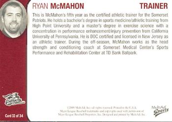 2009 MultiAd Somerset Patriots #32 Ryan McMahon Back