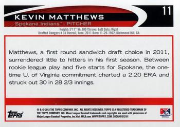 2012 Topps Pro Debut #11 Kevin Matthews Back