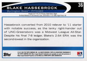 2012 Topps Pro Debut #36 Blake Hassebrock Back