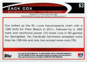 2012 Topps Pro Debut #63 Zack Cox Back