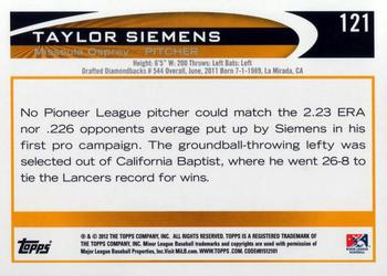 2012 Topps Pro Debut #121 Taylor Siemens Back