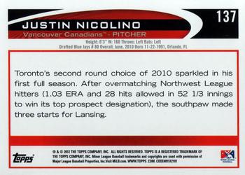 2012 Topps Pro Debut #137 Justin Nicolino Back