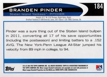 2012 Topps Pro Debut #184 Branden Pinder Back