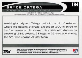 2012 Topps Pro Debut #194 Bryce Ortega Back