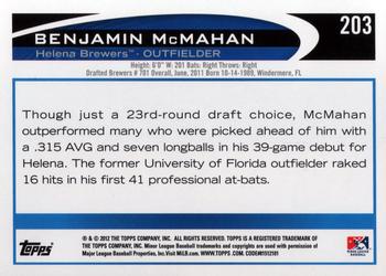 2012 Topps Pro Debut #203 Benjamin McMahan Back