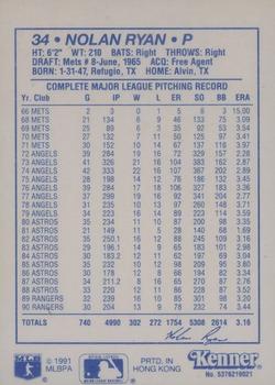1991 Kenner Starting Lineup Cards #5376219021 Nolan Ryan Back