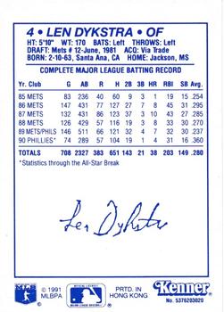 1991 Kenner Starting Lineup Cards #5376203020 Len Dykstra Back