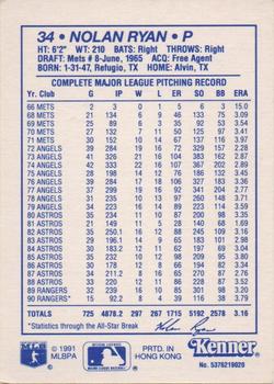 1991 Kenner Starting Lineup Cards #5376219020 Nolan Ryan Back