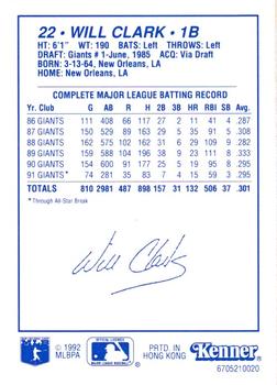 1992 Kenner Starting Lineup Cards #6705210020 Will Clark Back