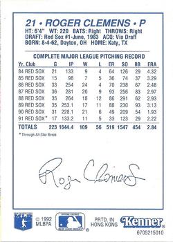 1992 Kenner Starting Lineup Cards #6705215010 Roger Clemens Back