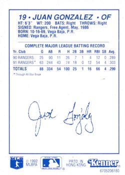 1992 Kenner Starting Lineup Cards #6705206180 Juan Gonzalez Back