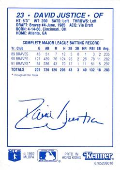 1992 Kenner Starting Lineup Cards #6705208010 David Justice Back