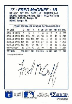 1992 Kenner Starting Lineup Cards #6705207050 Fred McGriff Back