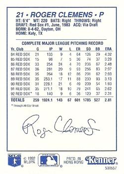 1993 Kenner Starting Lineup Cards #500557 Roger Clemens Back