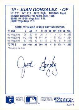 1993 Kenner Starting Lineup Cards #503076 Juan Gonzalez Back