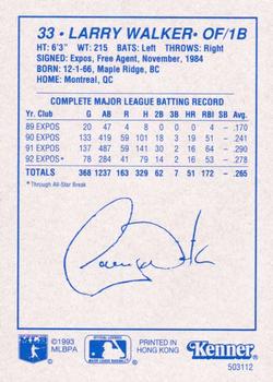 1993 Kenner Starting Lineup Cards #503112 Larry Walker Back