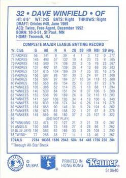 1994 Kenner Starting Lineup Cards #510640 Dave Winfield Back